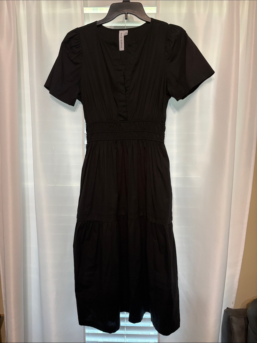 Classic Black Midi Dress with Smocked Waist